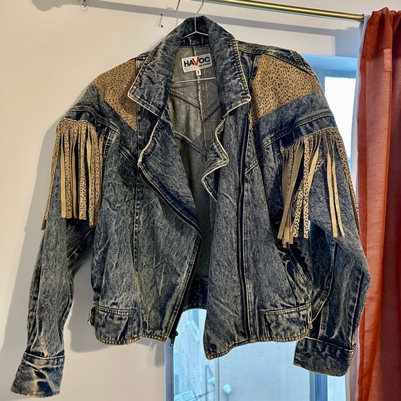 Denim Jacket with Leopard Print Fringe - Picture 2 of 3